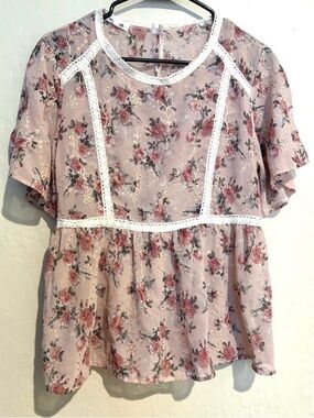 Kindred Floral Lace Blouse Medium Boho Cottagecore Sheer Embroidered Pink Top-M